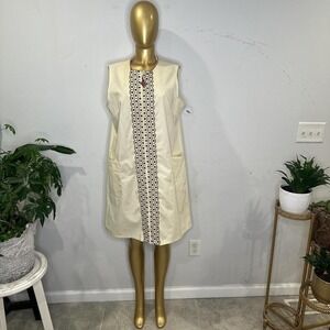 Vintage NWT Cream black floral shift dress pockets SMALL / MEDIUM Embroidery